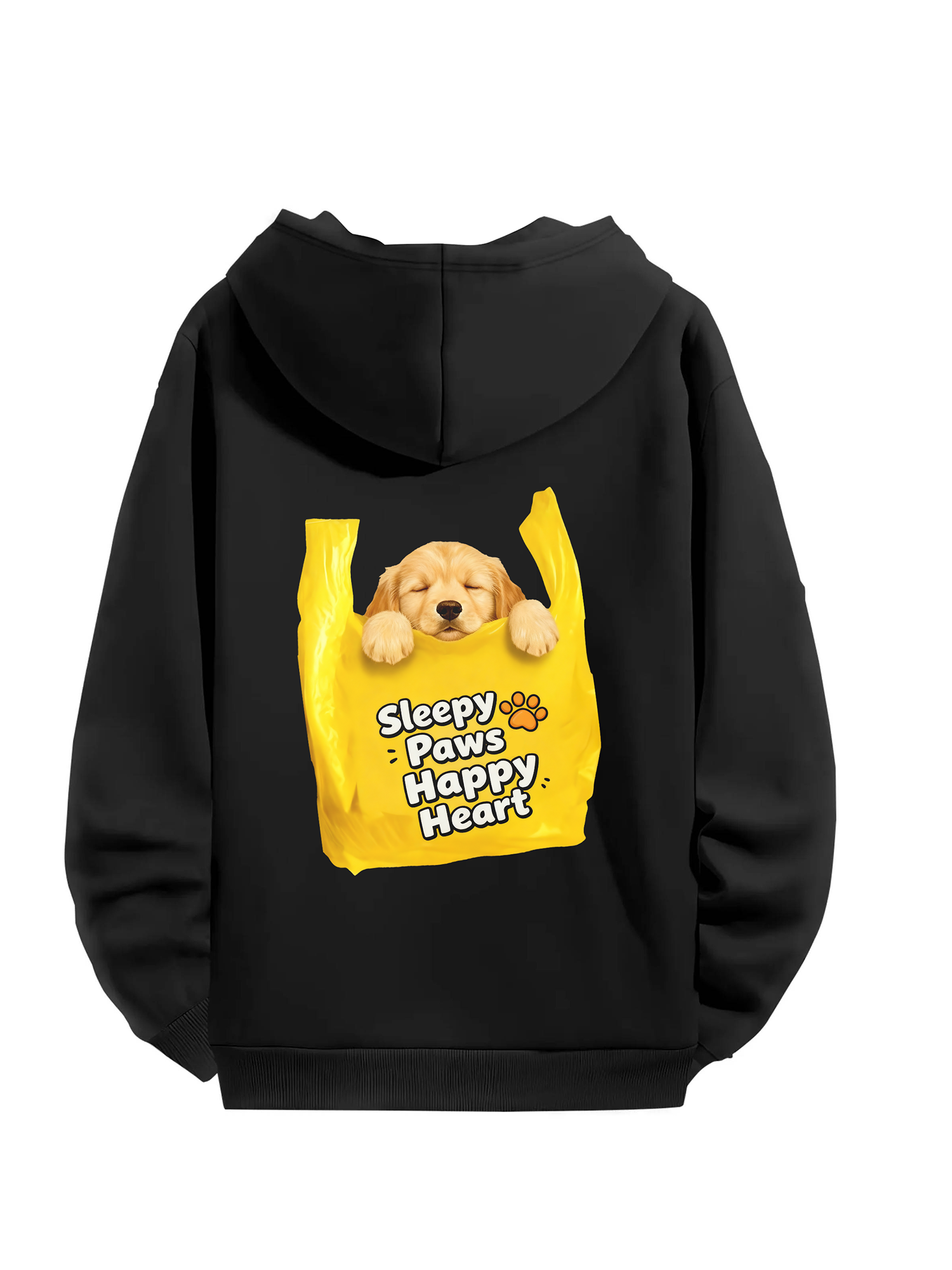 "Sleepy Paws Happy Heart" Cute Dog Print Black Hoodie