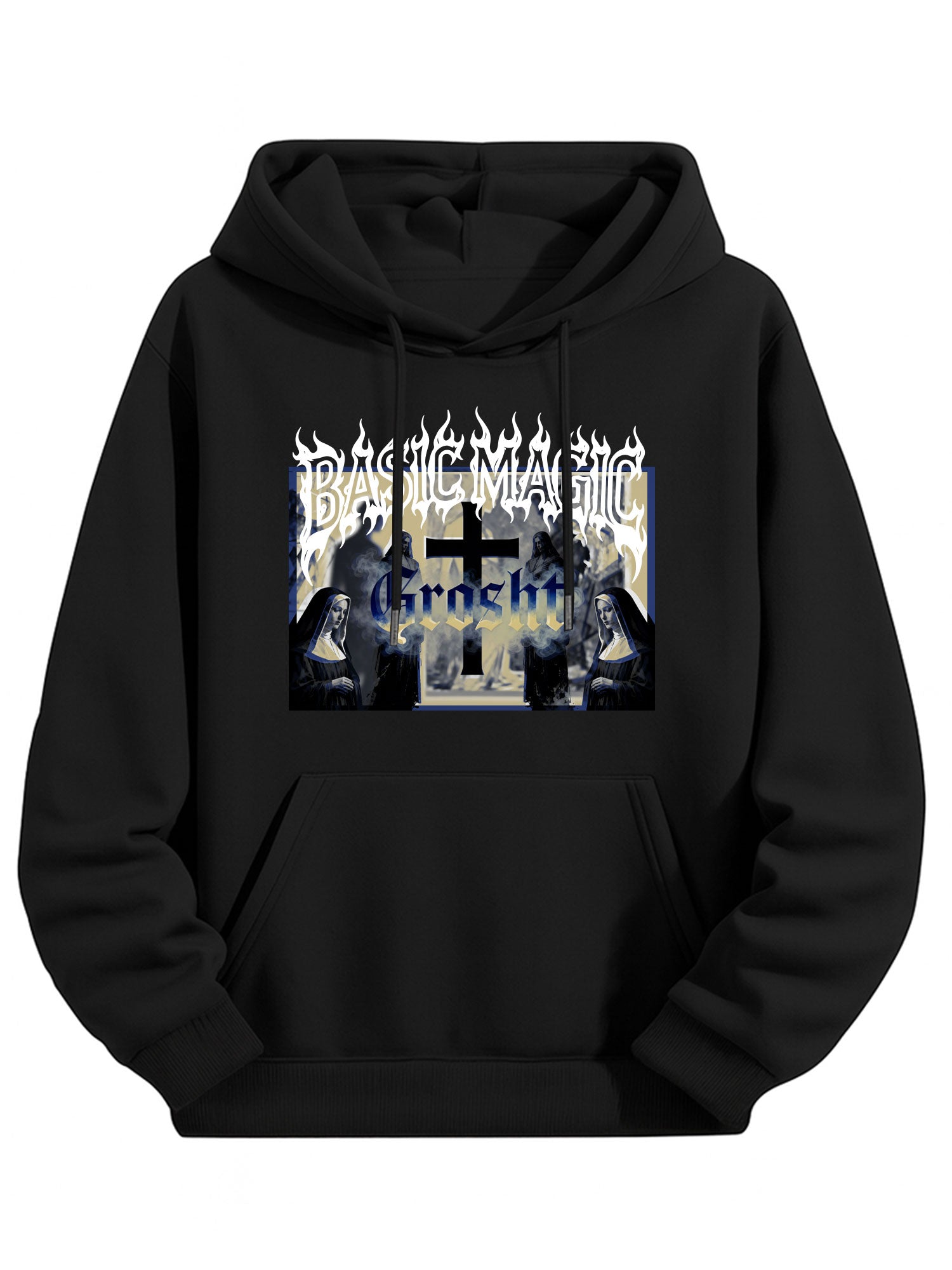 BASICMAGIC Edgy Gothic Art Black Loose Hoodie