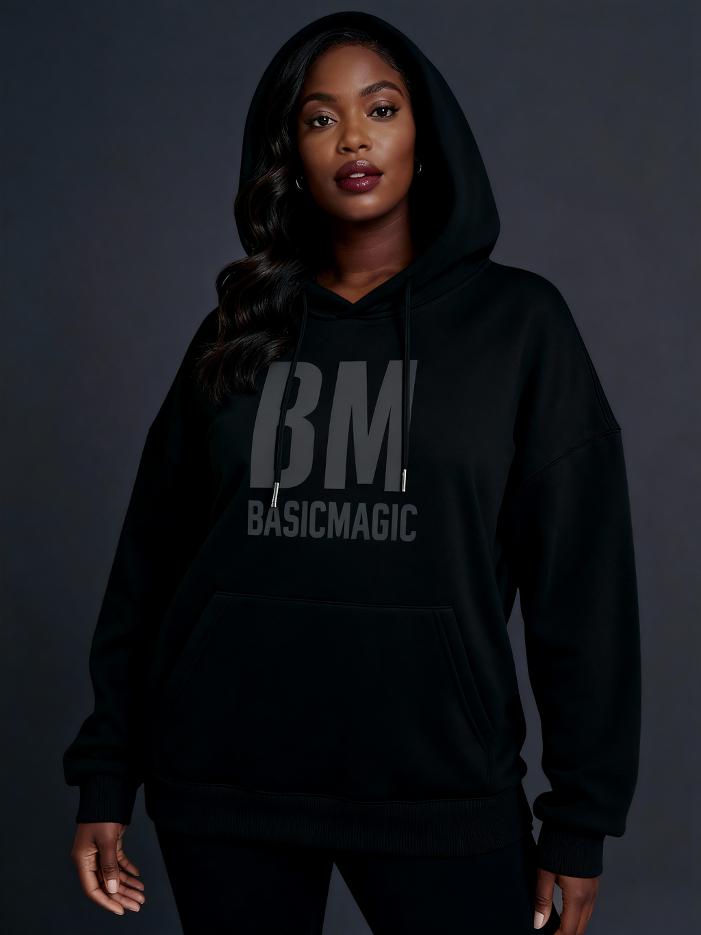 "BM Basic Magic" Letter Print Black Hoodie