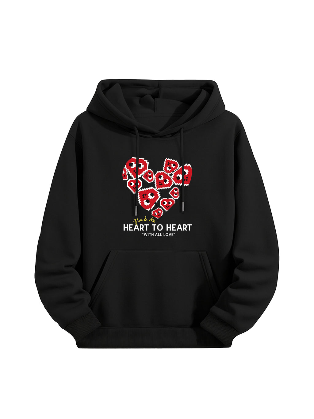 "Heart to Heart" Love Print Black Hoodie