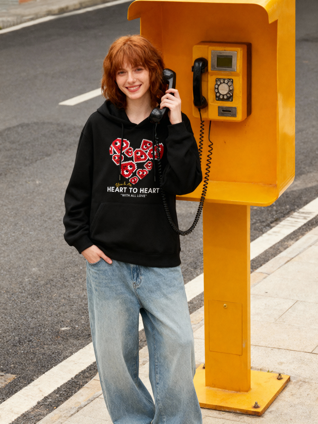 "Heart to Heart" Love Print Black Hoodie