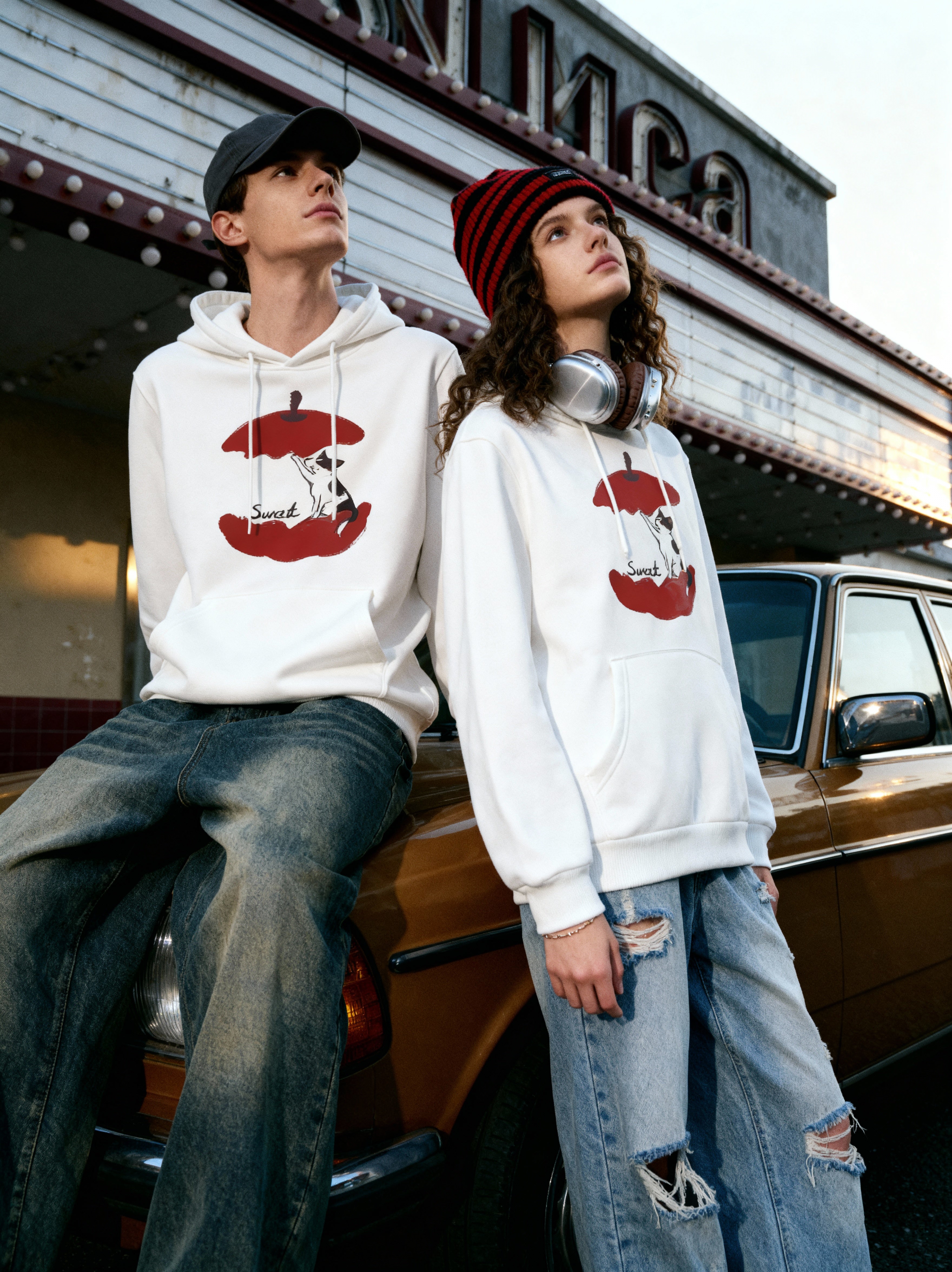 Sweet Feline Bond Couple Hoodies