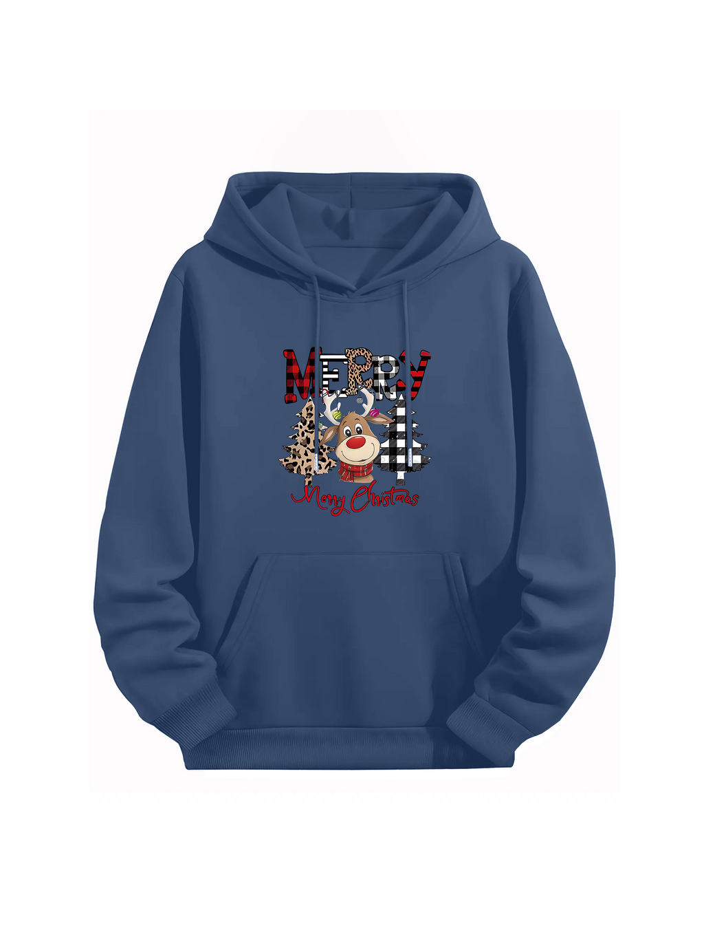 Merry Christmas Reindeer Graphic Blue Hoodie