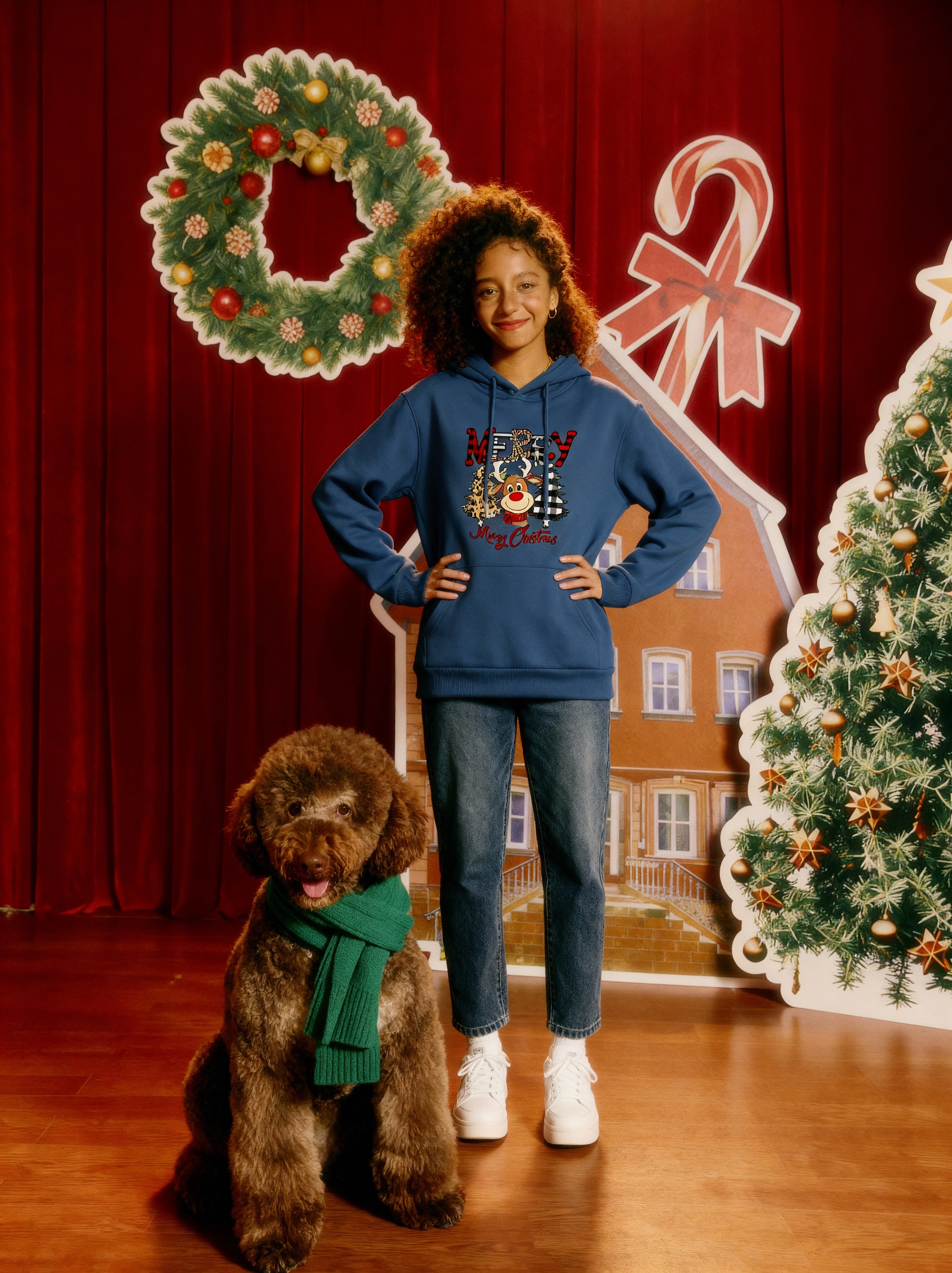 Merry Christmas Reindeer Graphic Blue Hoodie