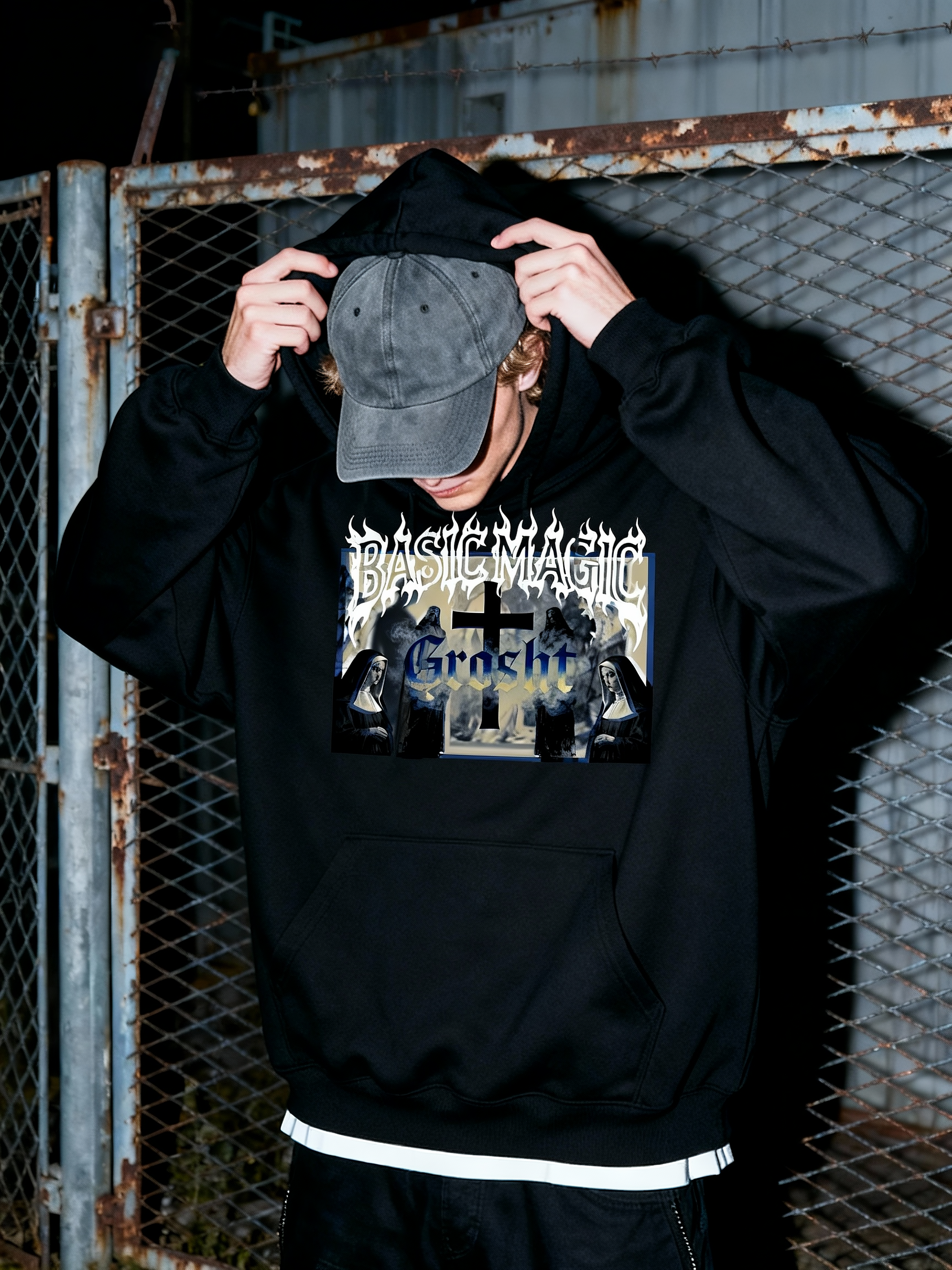 BASICMAGIC Edgy Gothic Art Black Loose Hoodie