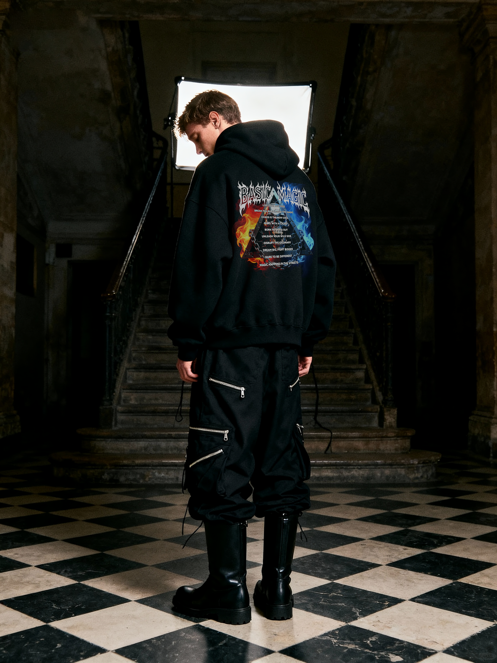 BASICMAGIC Cozy Edgy Triangular Graphic Black Hoodie