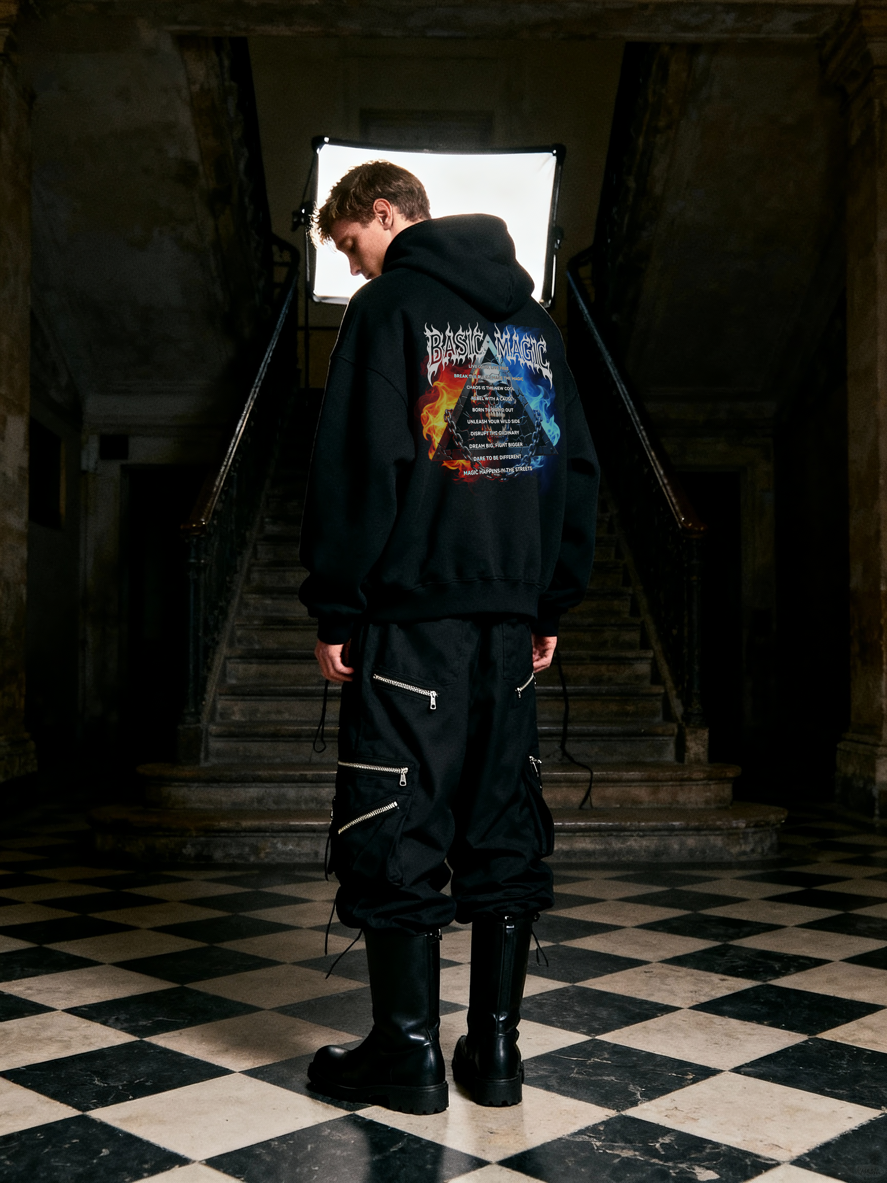 BASICMAGIC Cozy Edgy Triangular Graphic Black Hoodie