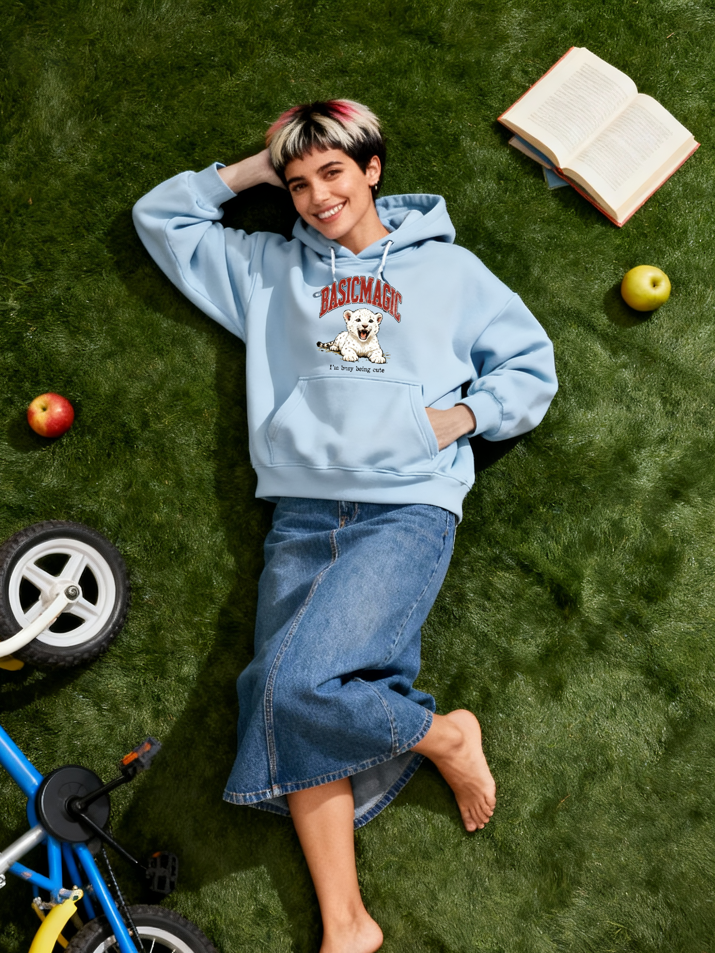 BASICMAGIC Comfy White Tiger Light Blue Hoodie