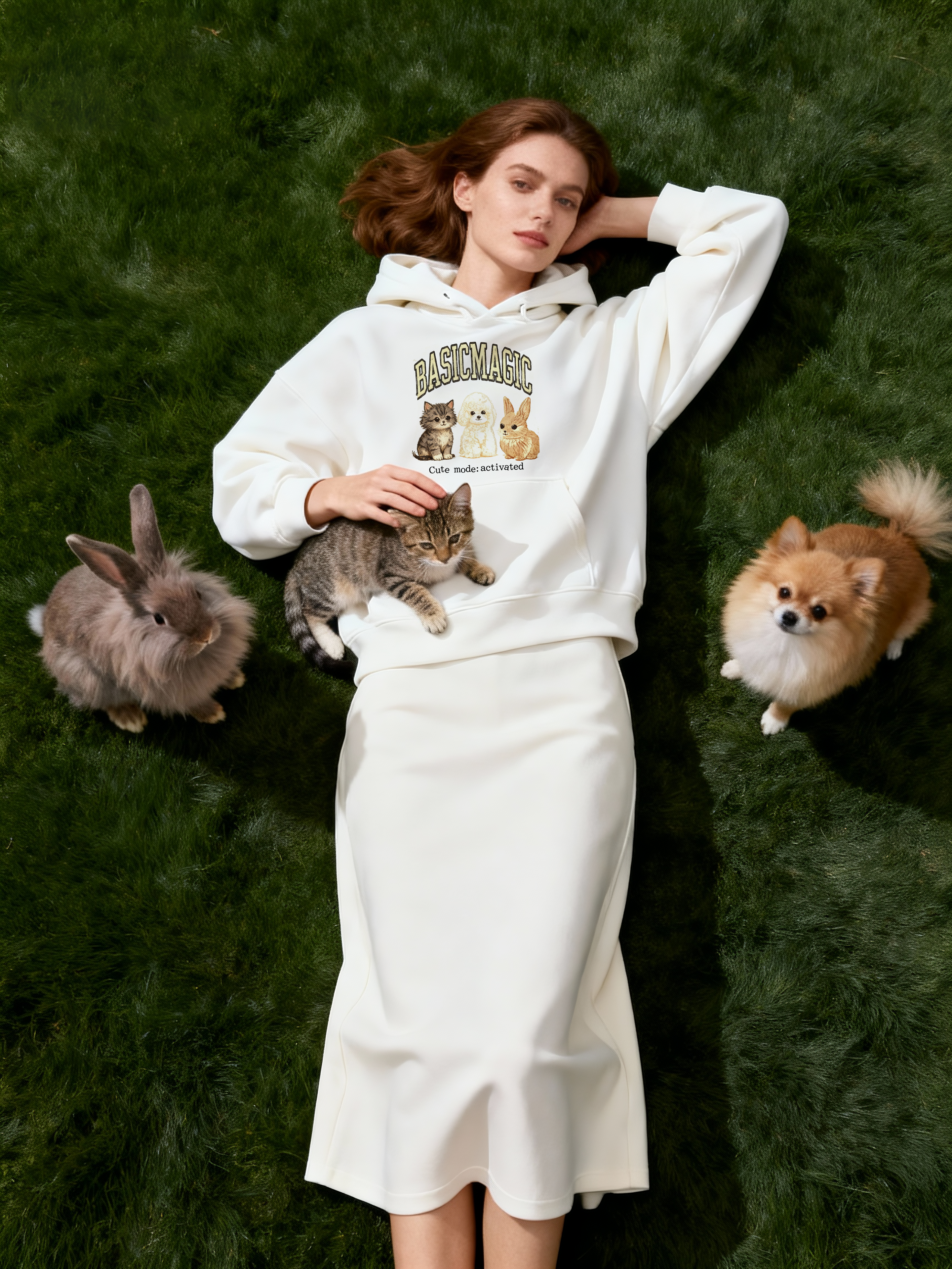 BASICMAGIC Cute Pets Off-White Hoodie