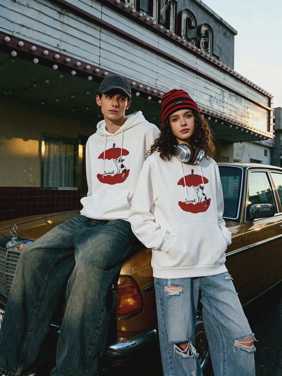 Sweet Feline Bond Couple Hoodies