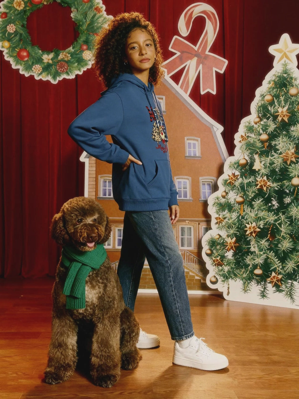 Merry Christmas Reindeer Graphic Blue Hoodie